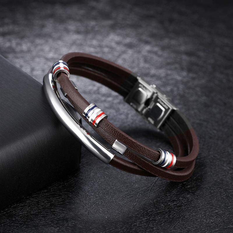 Jiayiqi Brown Leather Bracelet for Men Jewelry Stainless Steel Silver Color Beads Bangles Vintage Male Accessories