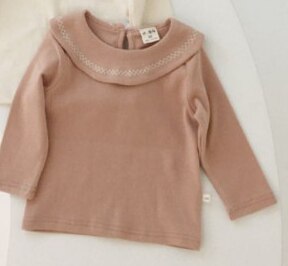 Korean style baby girls turn-down collar embroidery long sleeve base T shirts pure cotton all-match Tops for 0-2 years girl: Pink / 24M (tag size 90cm)