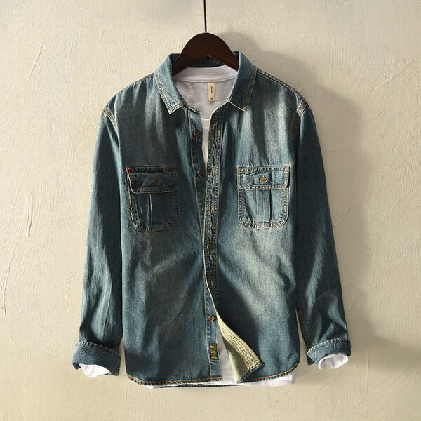 brand long-sleeved denim shirt men spring and autumn shirt mens cotton turn-down collar denim blue shirts male chemise: light blue / 3XL Asian size
