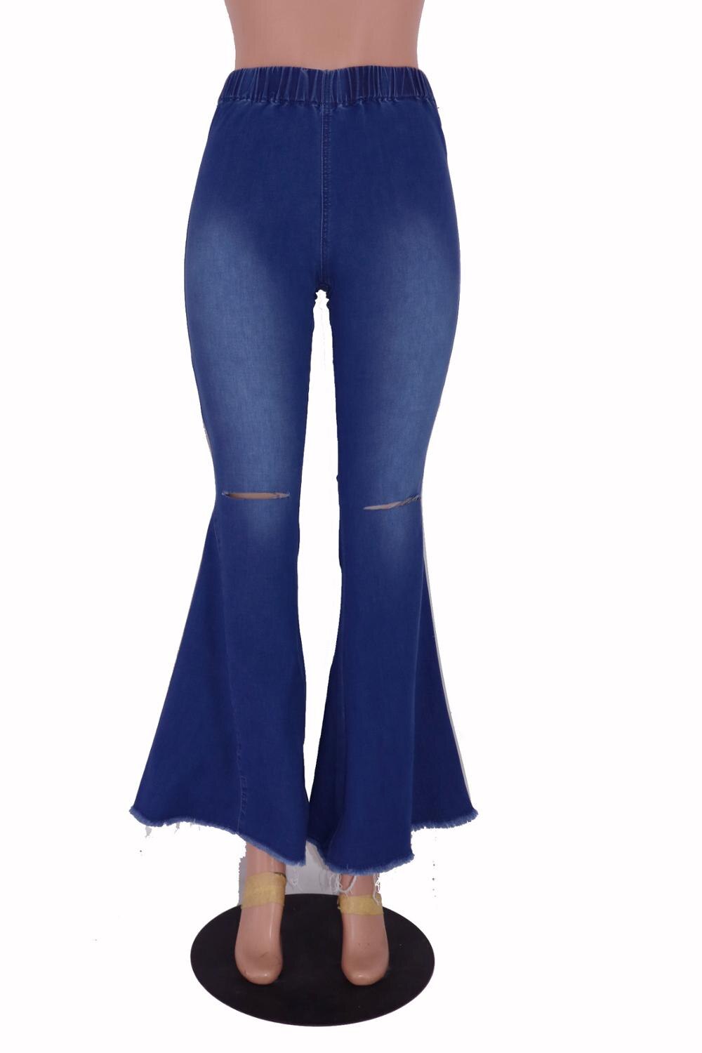 Women Hollow Hole Denim Flare Jeans Boyfriend Jeans Ladies High Waist bell bottom jeans Pants Autumn Loose Wide Leg Jean: Navy blue / XL