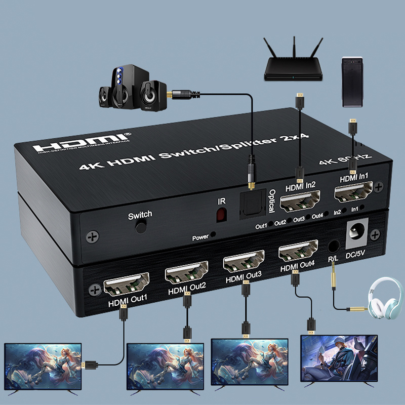 4K@60Hz 2x4 Switch 2 In 4 Out HDMI-compatible 5M/30M Extend Splitter Switcher With Audio Extractor for 4 Screen Monitor Display
