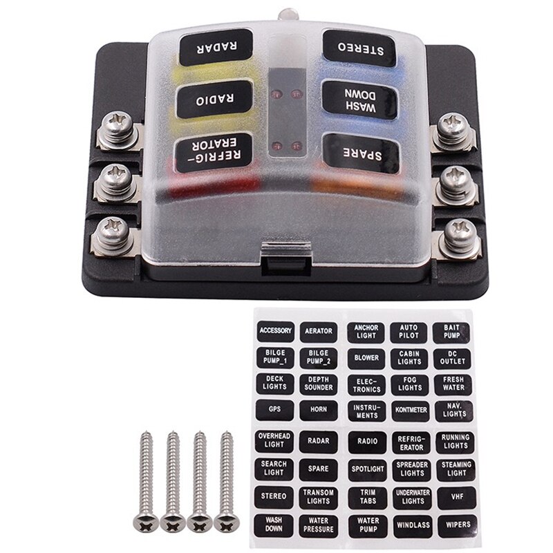 Boîte à fusibles 12 voies porte-fusible porte-écrou à vis avec Bus négatif 5A 10A 15A 20A fusibles gratuits indicateur LED pour automobile: 6 Way Screw