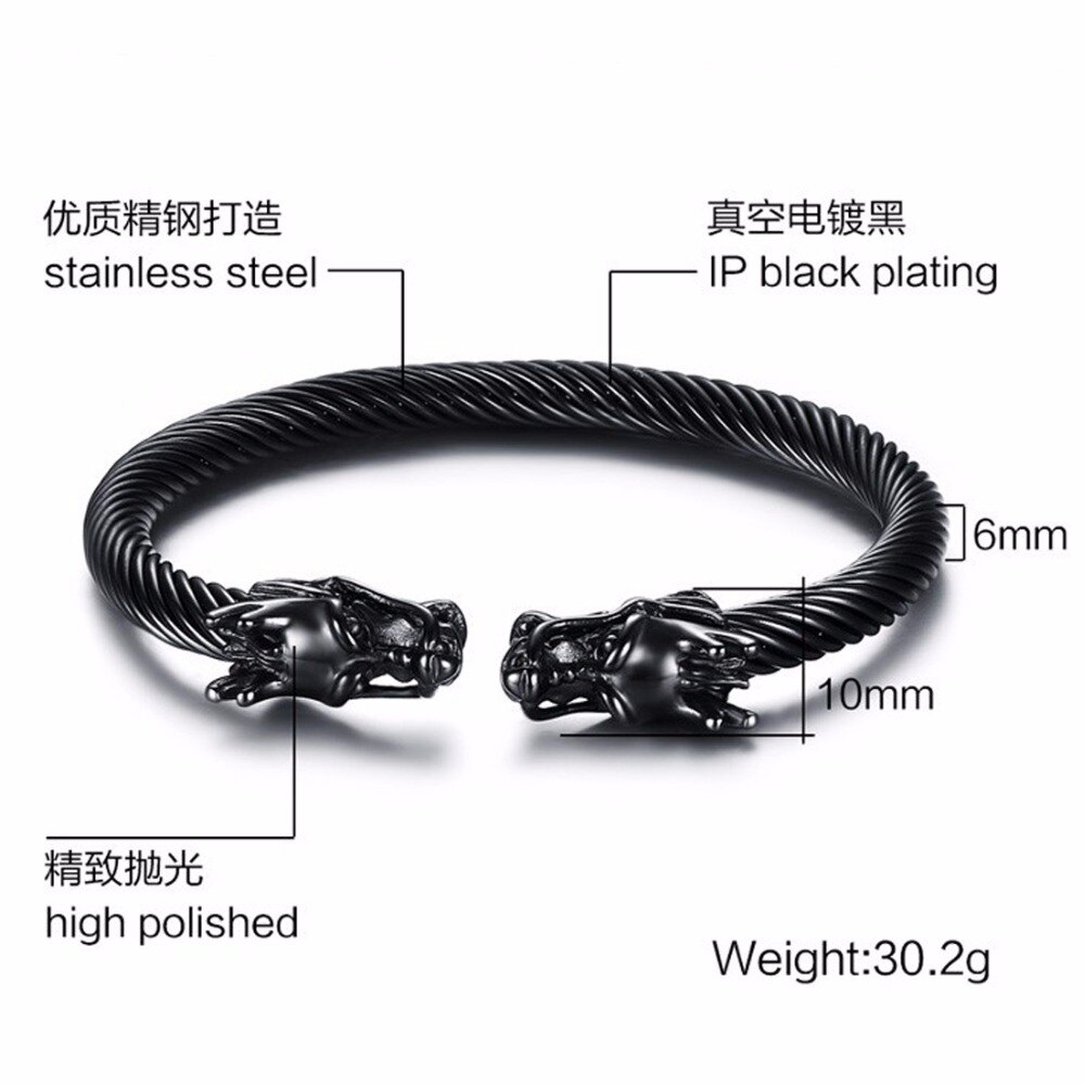 Bracelet manchette noir à deux têtes de Dragon Bracelet pour hommes garçons en acier inoxydable 316L fil entrelacé Viking Vintage bijoux masculins