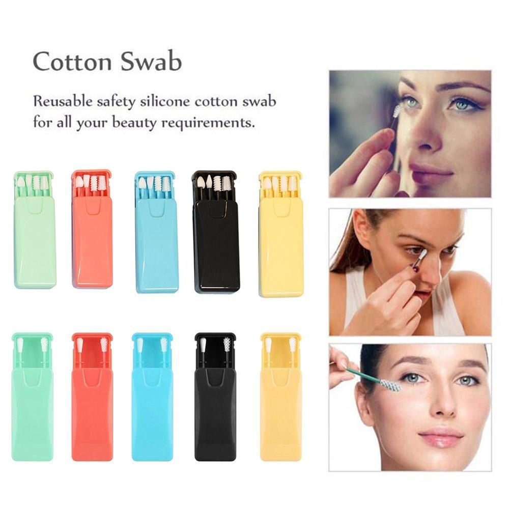 2/4Pcs/box Reusable Cotton Swab Ear Cleaning Cosmetic Silicone Buds Swabs Sticks Double-headed Recycling For Cleaning Makeup