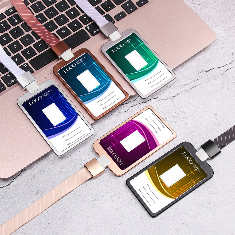 1pc ID Badge Holder Aluminum Alloy Metal Bus Work Business Exhibition Name Card Case School Office Supplies With Lanyard
