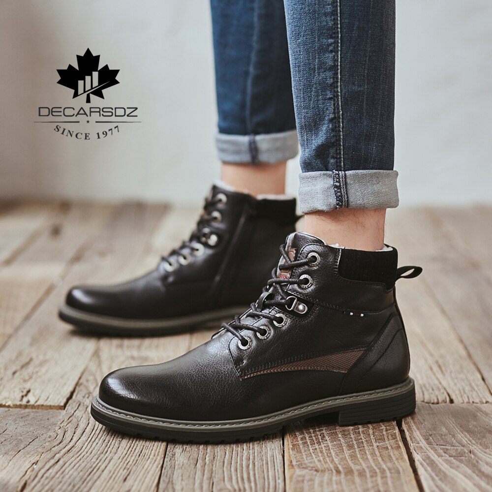 DECARSDZ-Botas de invierno para hombre, zapatos de , botas cómodas de cuero con cordones, cálidas y cortas de felpa, para invierno,