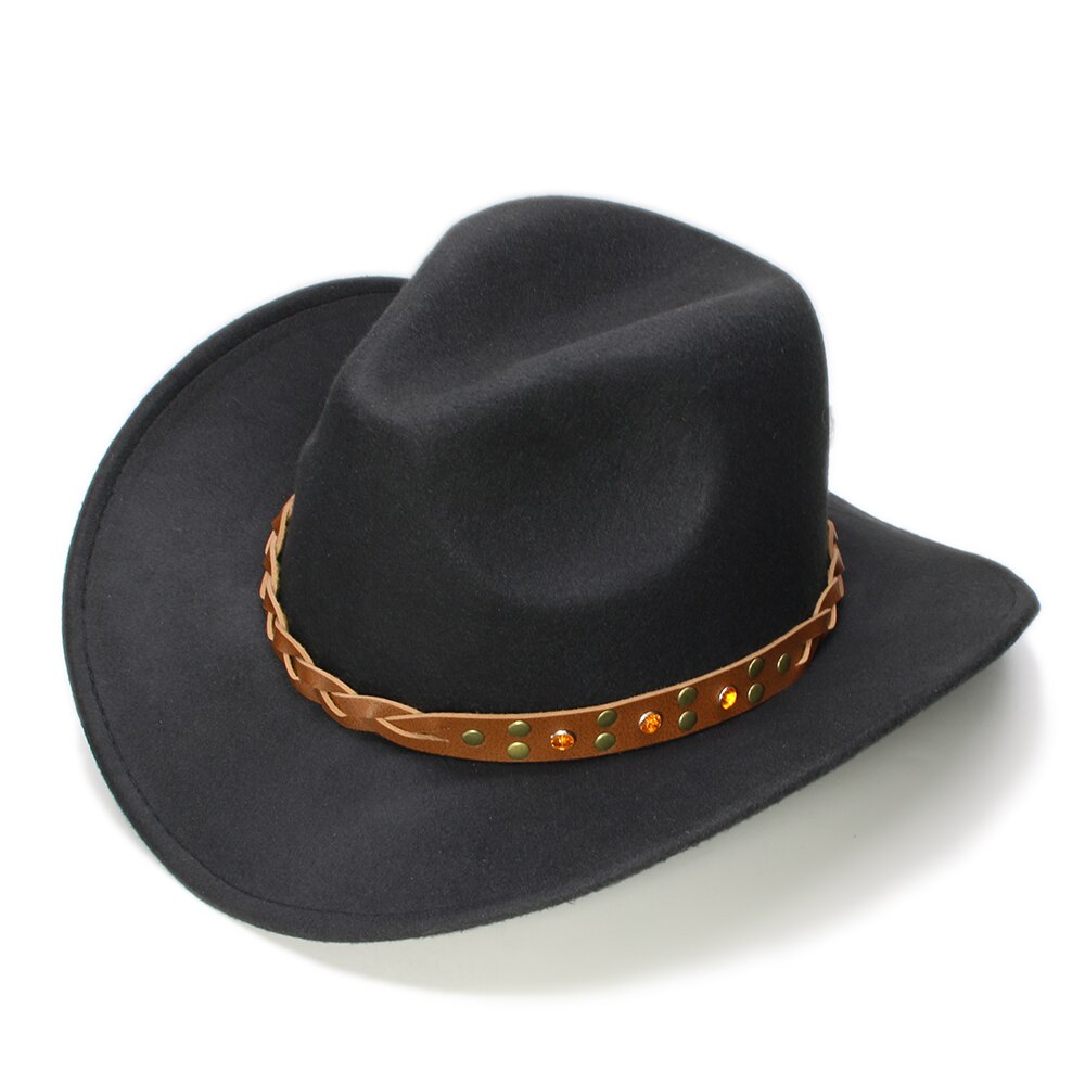 Retro Turquoise Yellow Crystal Band Parent-child Unisex /Kid Wool Wide Brim Cowboy Western Hat Cowgirl Bowler Cap (57cm/54cm)