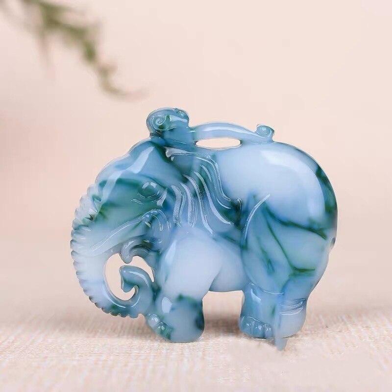 Natural Chinese Jadeware Blue and White Hand-carved Baby Elephant Pendant Jewelry Men and Women Color Necklace: 3