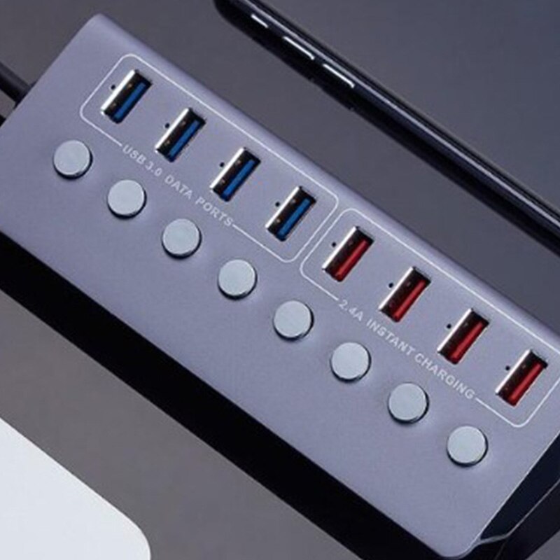 -aluminiumlegering 8-- poorts usb 3.0- splitter 4- poorts laptop uitgebreide usb-hub 4- poorts snellaadadapter externe amerikaanse stekker