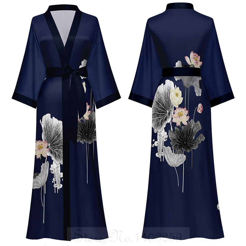 Peignoir kimono à manches mi-longues de style japonais pour femmes, robe longue femme, chemise de nuit, vêtements de nuit, satin imprimé fleuri, robe en span pour la maison