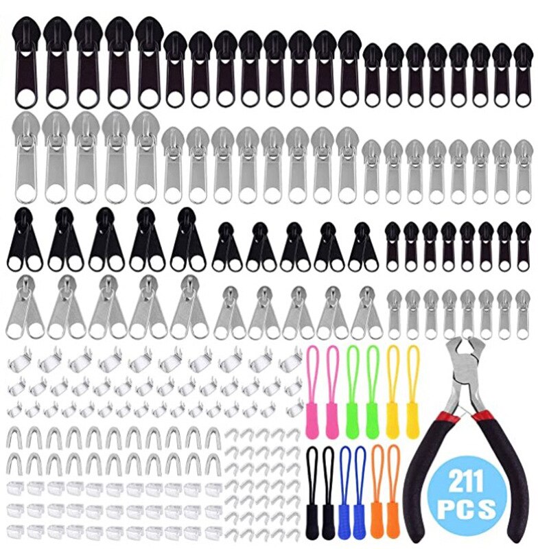 Meetee 5# Nylon Zipper Repair Kit Replacement Zippers Installation Tools for Bags Tents Luggage Quilt Cover Zip Pull Tab Sewing: 211sets(box)