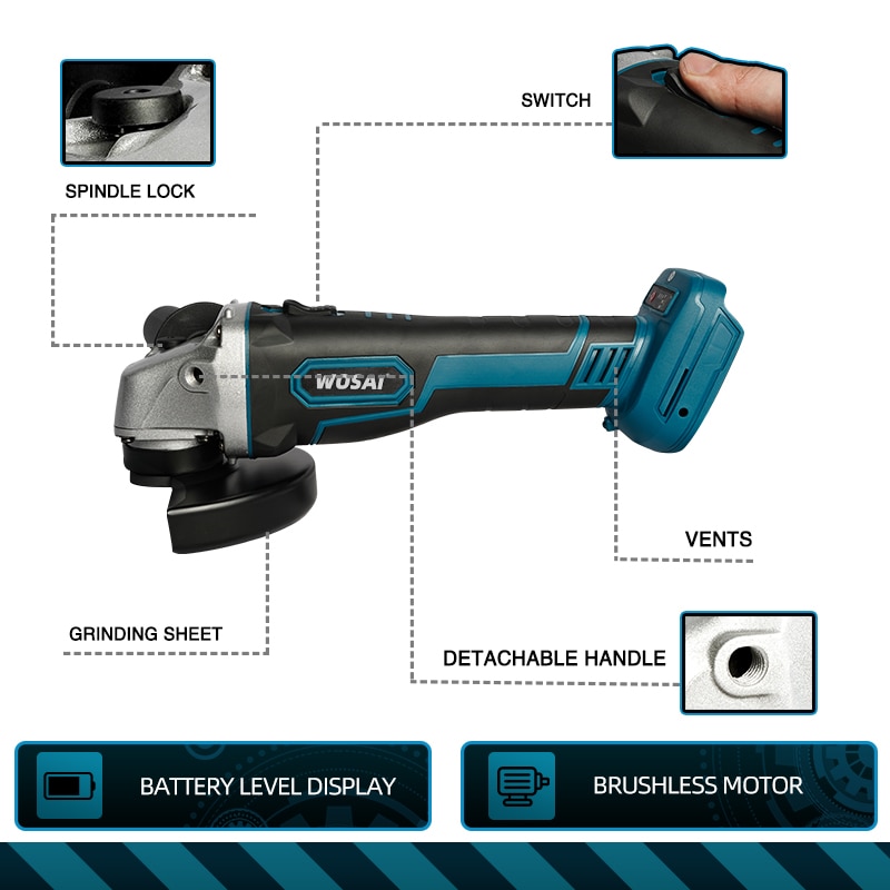 WOSAI Brushless Cordless Angle Grinder DIY Power Tools 125mm Impact Electric Polishing Grinding Machine for Makita 18V Battery