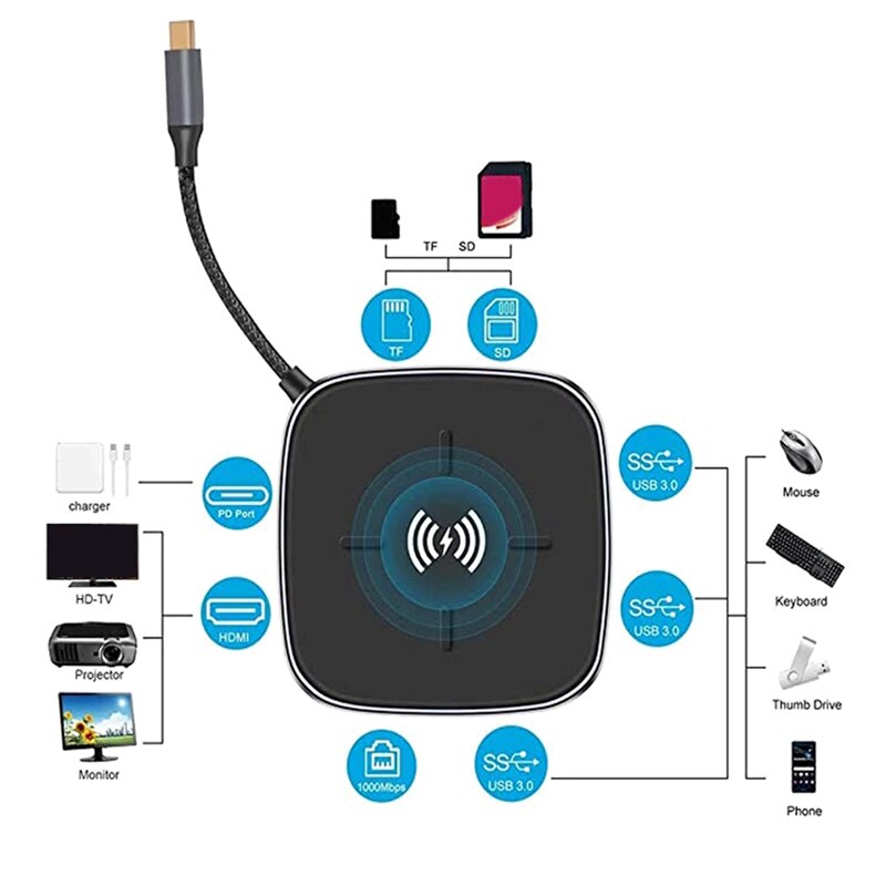 Usb C Hub Multifunctionele Docking Station 9 In 1 Met 10W Draadloze Oplader RJ45 + 3X Usb 3.0 + pd + Sd/Tf Card