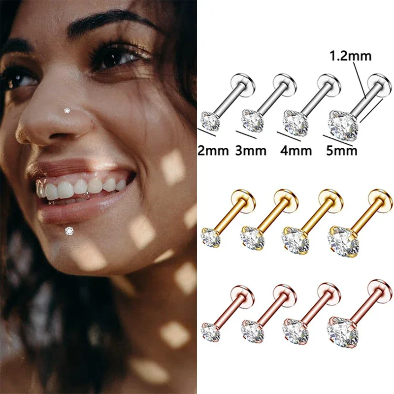 Piercing de nariz de zircônia cúbica, aço inoxidável, hélice, tragus, cartilagem, mulheres, orelha, labret, joia de piercing corporal