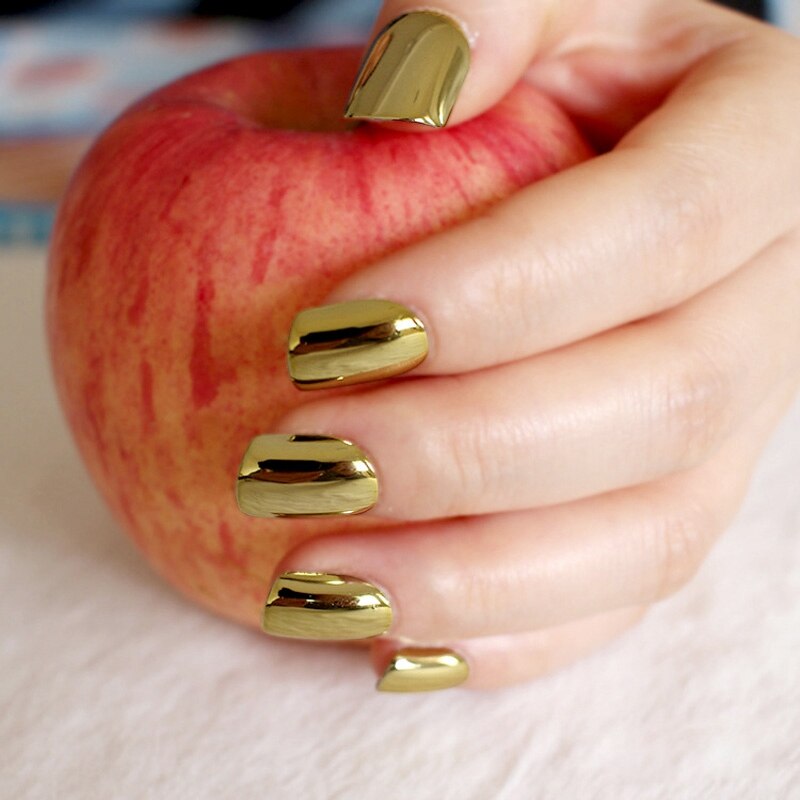 Sexy False Metallic Nails Tips Acrylic Mirror Shining Surface Gold 24pcs Short Hand Nails