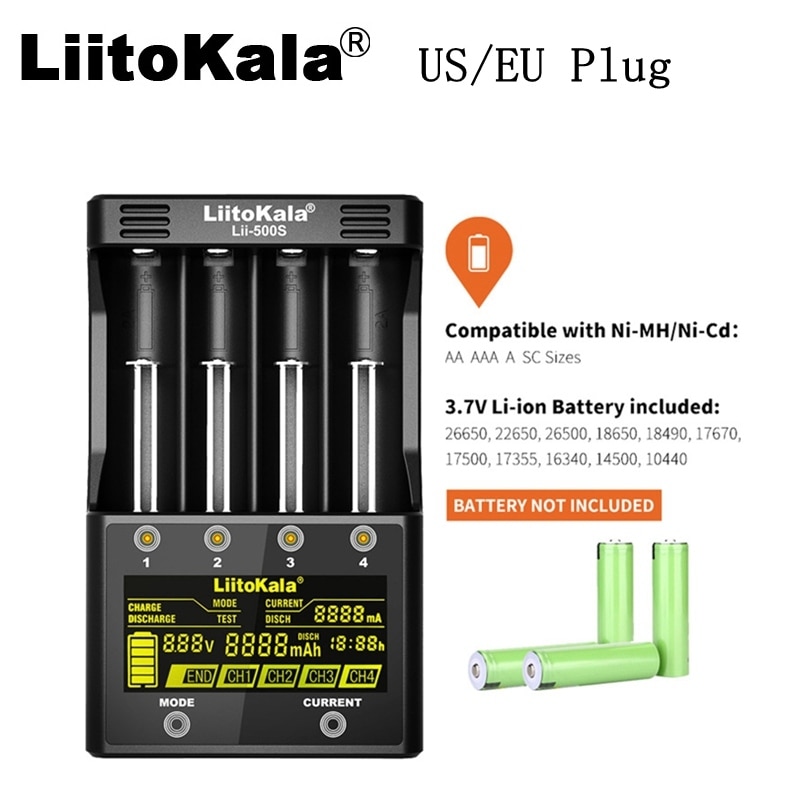 LiitoKala lii-500S 18650 cargador de batería US/EU pantalla LCD de litio/NiMH 26650 AA, AAA Control táctil de cuatro corrientes
