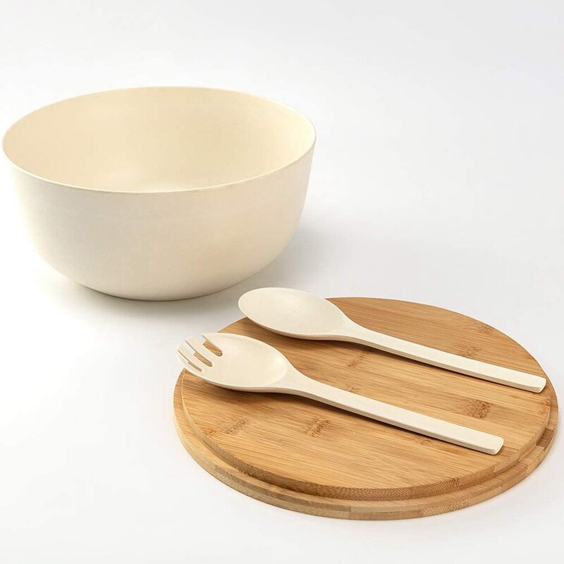 Bamboo Fiber Salad Bowl With Server Set Mixing Bowl Pure Bamboo Salad Wooden Bowl With Bamboo Cover Spoon