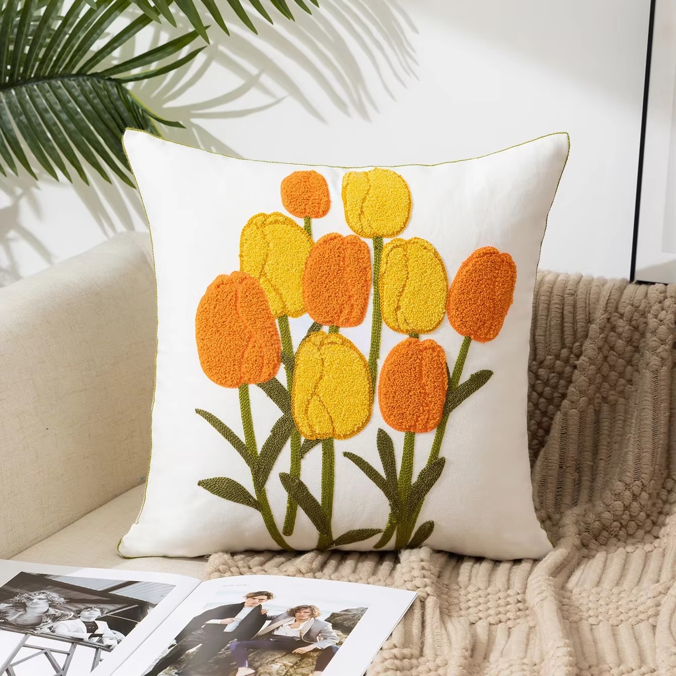 45X45CM Bloem Geborduurde Sierkussen Cover Plant Handdoek Moderne Stempelen Taille Kussenhoes Decor Home Decoratieve kussensloop: MULTI