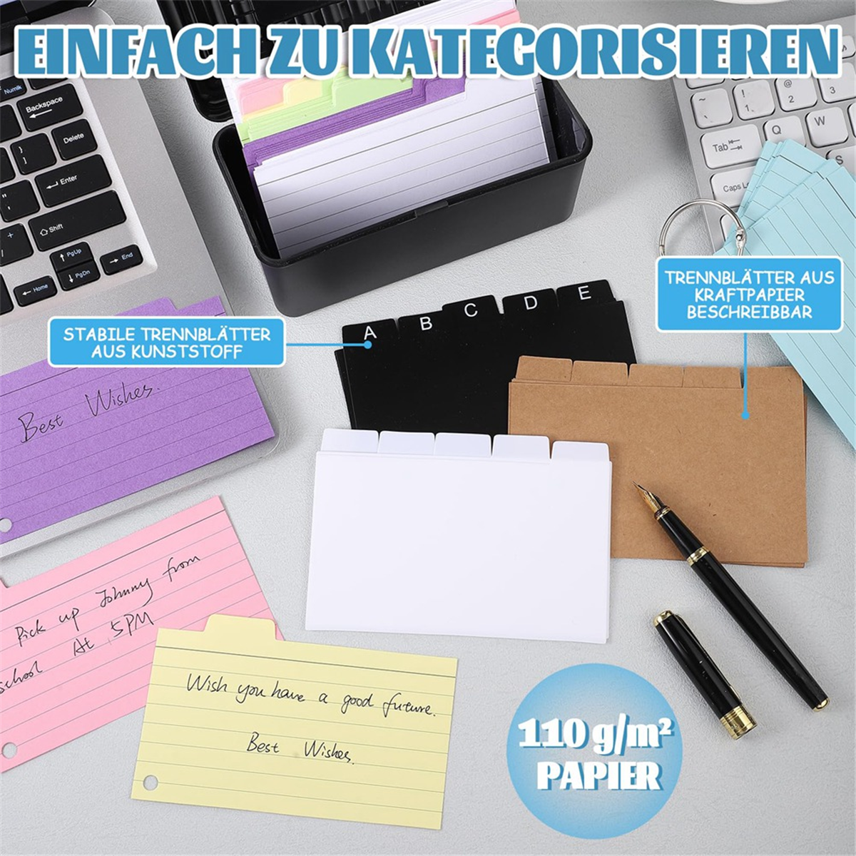 Ensemble de porte-cartes index, boîte d'index avec 230 cartes flash assorties, doublée de comparateur de couleurs, 6 anneaux et autocollants, parfait pour l'école