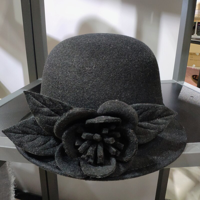Chapeau Fedora en laine pour femmes, chapeau seau à fleurs texturées, , en forme de dôme, à la , automne hiver: Black