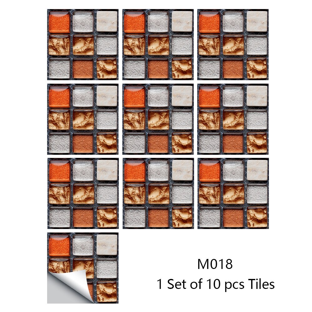 Pegatinas de pared de azulejos de mosaico de mármol, cubiertas planas impresas en 2D para cocina, baño, pelar y pegar, Mural de arte impermeable, 10 piezas: M018 / 10cmX10cmX10pcs