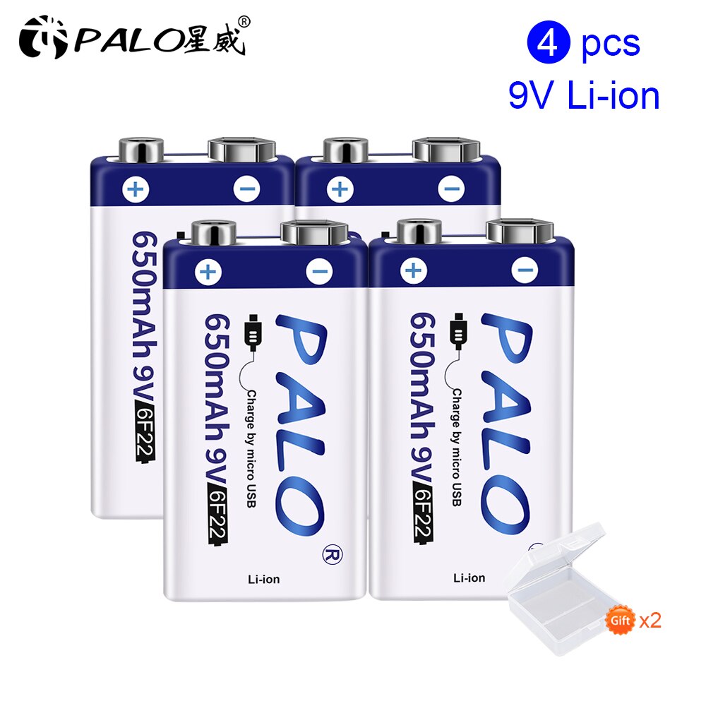 Bateria recarregável do lítio 9v de usb da bateria 9v do li-íon 650mah de palo 6f22 9v usb para o controle remoto do brinquedo: 4PCS