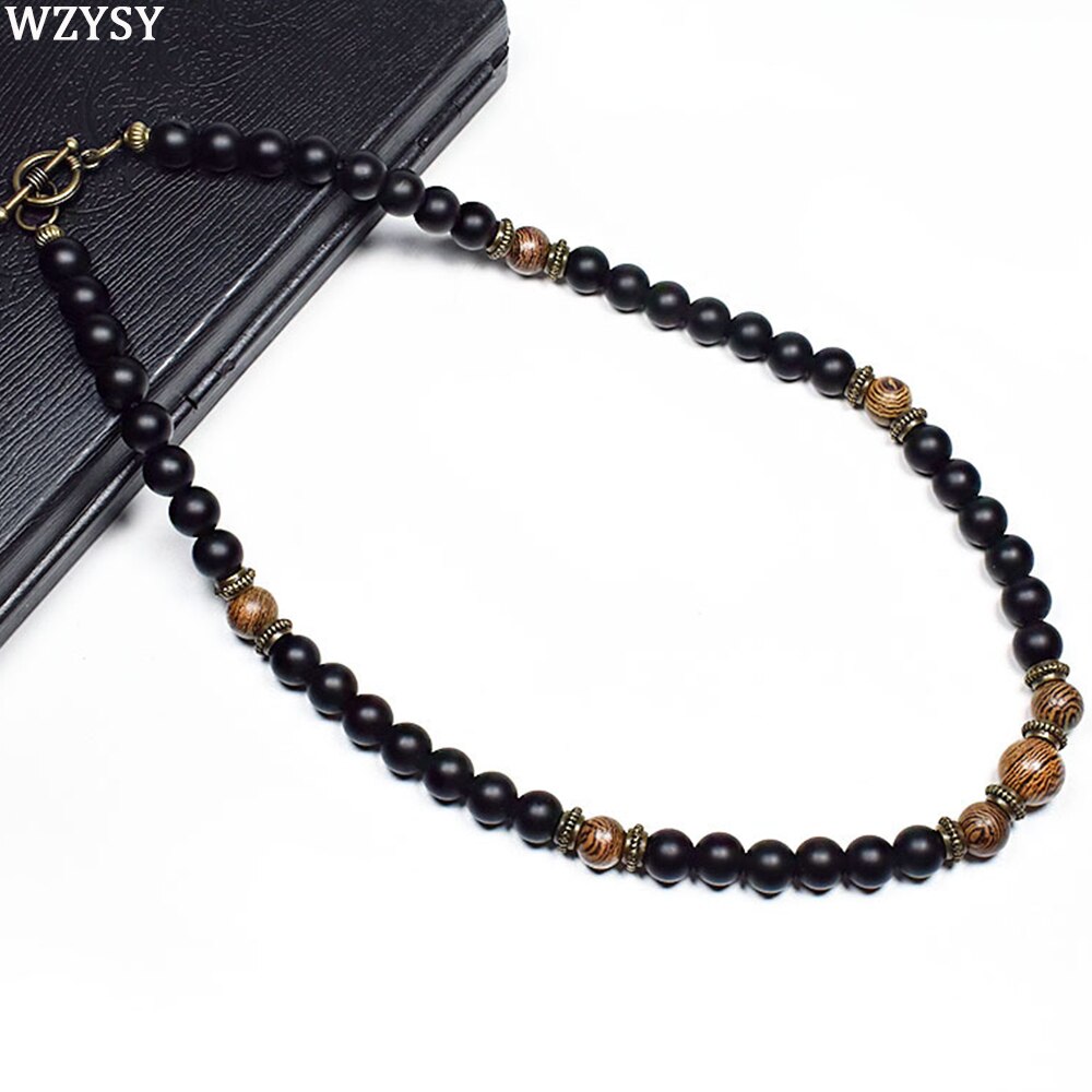 Men's Retro 8mm Round Bead Necklace Alloy charm ot buckle accessories natural stone original jewelry short necklace for men