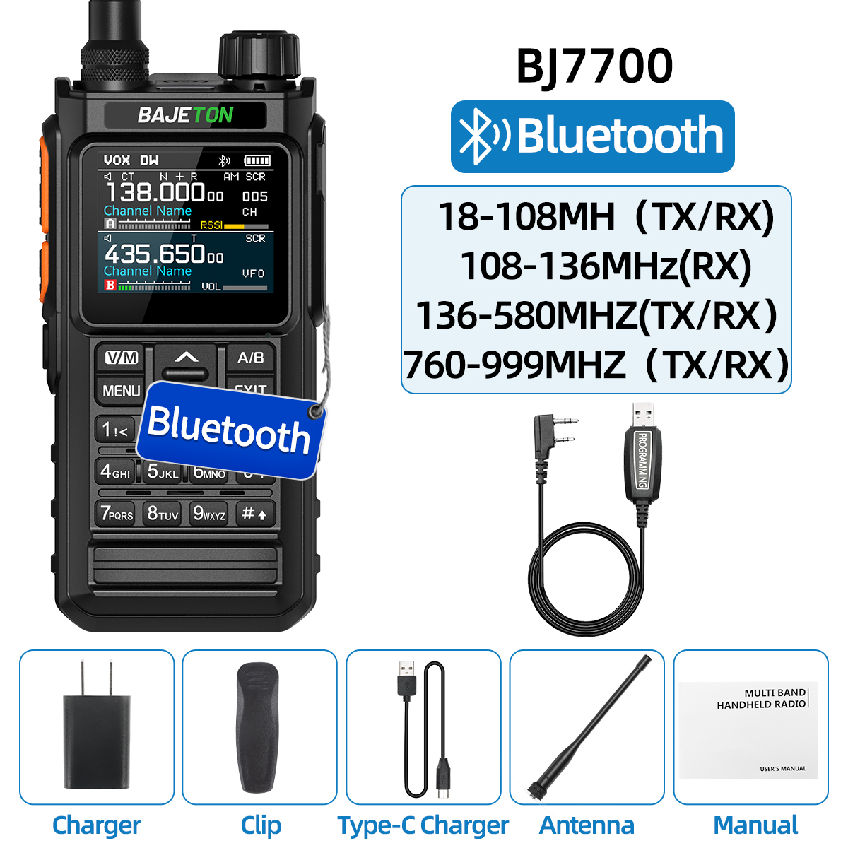 BAJETON BJ7700 Walkie Talkie Multi Banda Sem Fio Bluetooth Programação de Telefone Redução de Ruído AM FM Ham Rádio Para Acampamento BJ8200: Preto / American