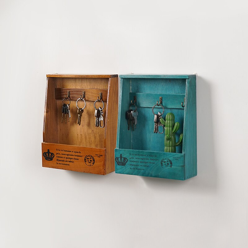 Wooden Key Holder Box with 6 Hooks Wall Mounted Handmade with Rustic Finish for Home Decor WJ021711
