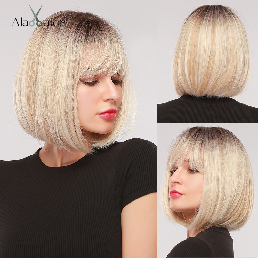 ALAN EATON Short Straight Ombre Black Brown Synthetic Wigs with Bangs for Women Bob Wig Heat Resistant Lolita Cosplay wig 12inc: ss176-1