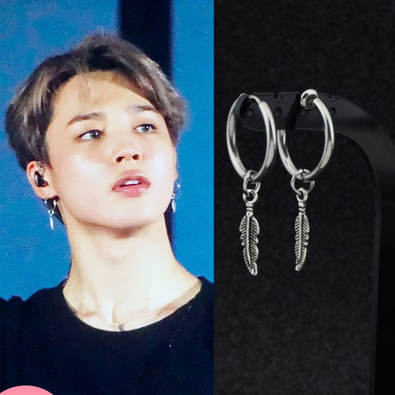 Boucles d'oreilles Kpop pour garçon, Hip Hop, feuille de titane, plume, pendentif, cerceau, goutte, bijoux coréens