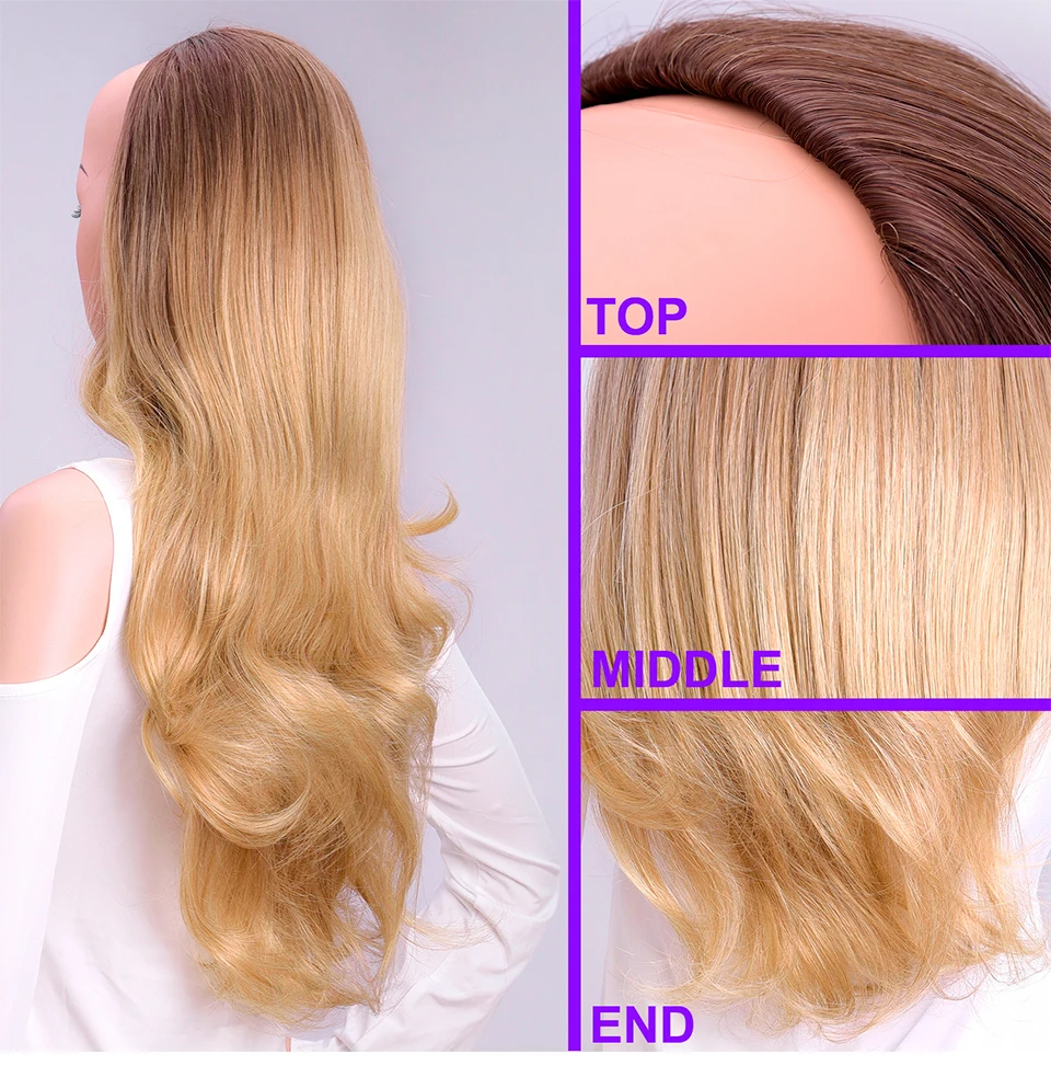 24 Polegada sintético longo ondulado cabeça amarrada 3/4 meia perucas para mulheres com clipes em, perucas loiras de extensão de cabelo