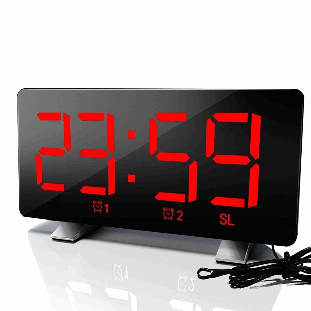 Réveil numérique miroir | Radio Led Fm, fonction de Snooze, grand affichage, éclairage réglable, Table, horloge, horloge de bureau: Red