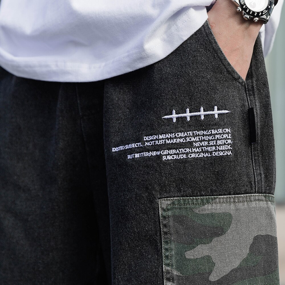 Denim Summer Shorts Men Hip Hop Camo Color Block Patchwork Jeans Harajuku Streetwear Casual Harem Knee Length