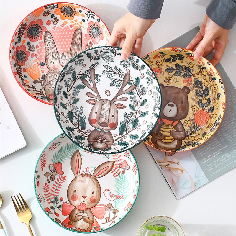 Platos de dibujos animados de 8 pulgadas para niños, platos bonitos para el hogar, vajilla de cerámica con personalidad creativa, plato profundo de disco rojo neto