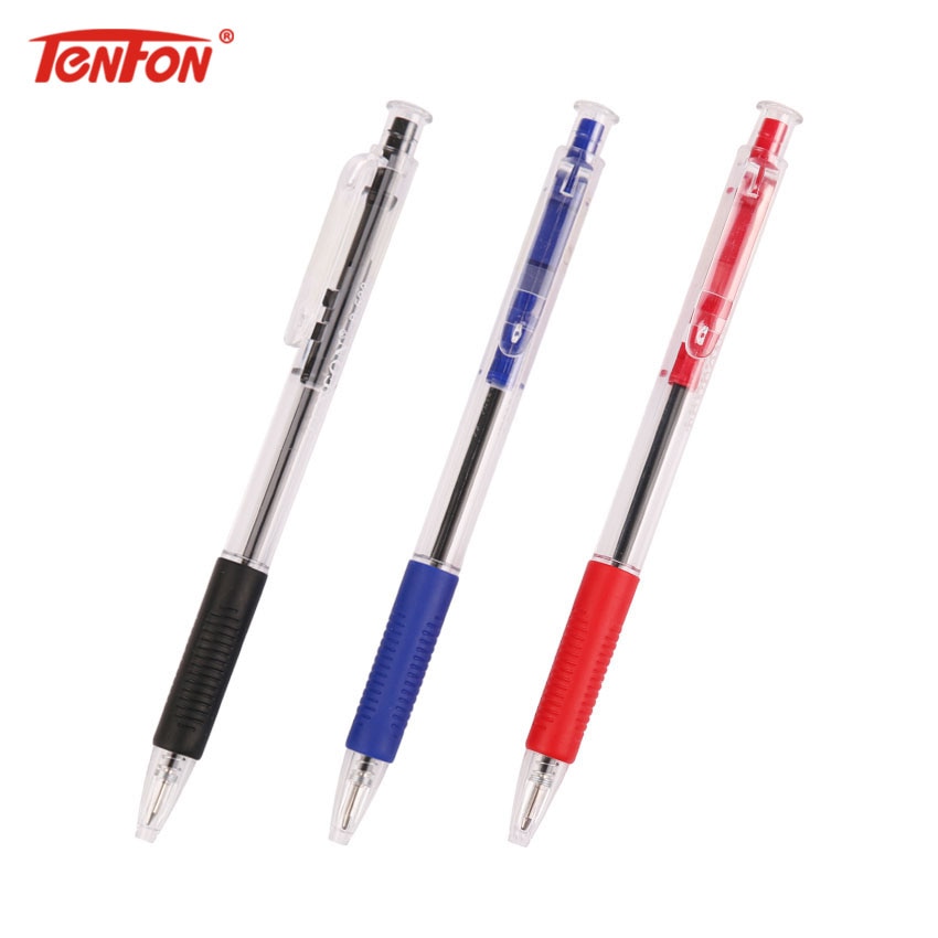 TENFON 1PC bolígrafo de plástico rojo azul y negro 3 colores bolígrafo de punta de bola transparente B-522