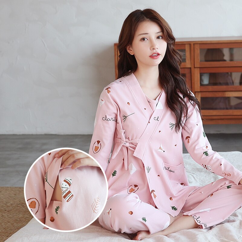Autuamn Spring Sweet Pink Printed Cotton Maternity Nursing Sleepwear Feeding Nightwear for Pregnant Women Pregnancy Pajamas Sets