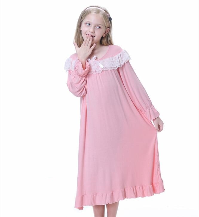 Automne filles chemise de nuit rose blanc pyjamas enfants à manches longues chemise de nuit mignon 100% coton enfant bébé robe de nuit 6 8 10 12 ans