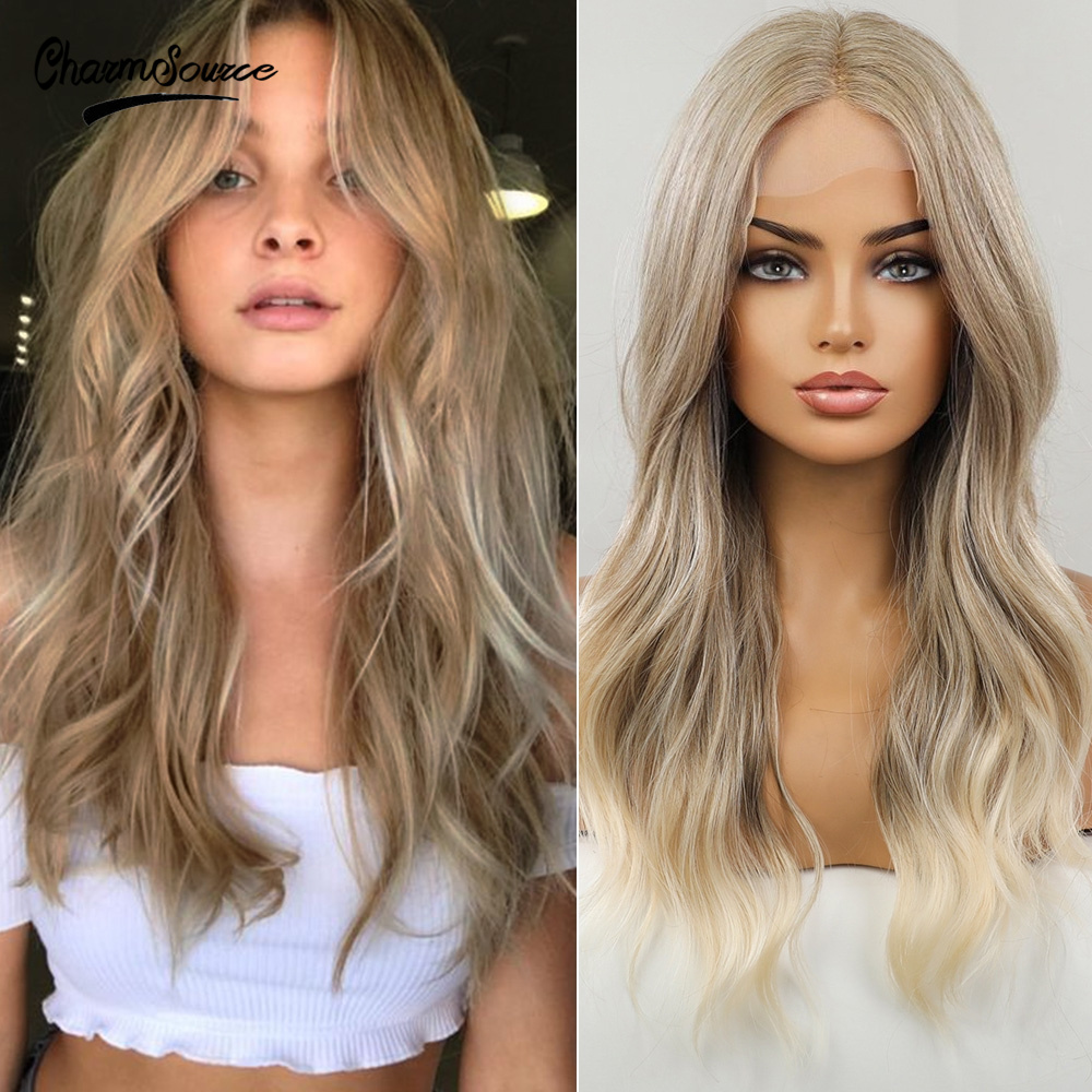 CharmSource Long Natural Wavy Lace Part Synthetic Wigs Light White Blonde for Women Daily Hair High Density Heat Resistant Wig: BL11002-1