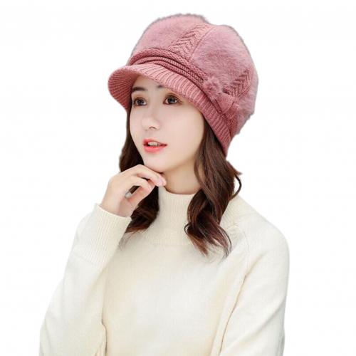 Winter dames gebreide baret muts met klep verguld roze wijnrood warme zachte effen muts dames imitatiebont muts: Leer roze