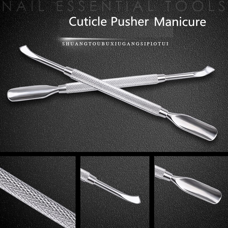 1 Uds. Cuchara de empuje para cutículas de uñas de acero inoxidable de 2 vías, removedor de Gel UV, equipo para manicura y manicura, Herramientas de limpieza