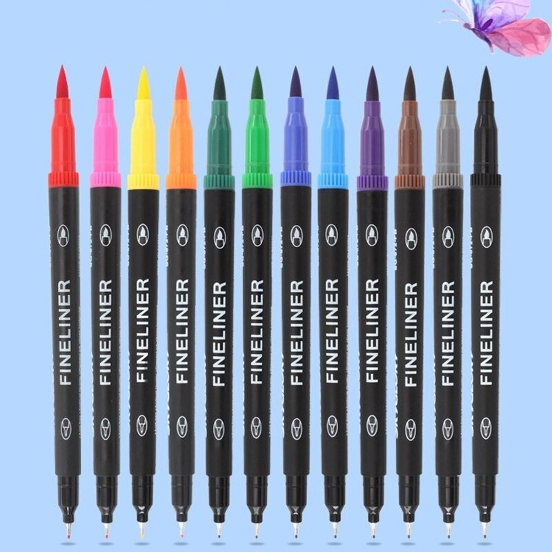 12/24 farver dobbelt spids penselpen highlighter fed fine liner kalligrafi tegning signatur kunst maleri skolebørn  a6855