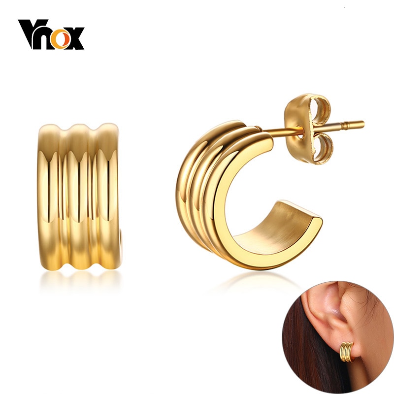 Vnox Gold Tone Kleine Hoepel Oorbellen Voor Vrouwen Mannen Effen Gegroefde Stanless Staal Unisex Casual Sieraden