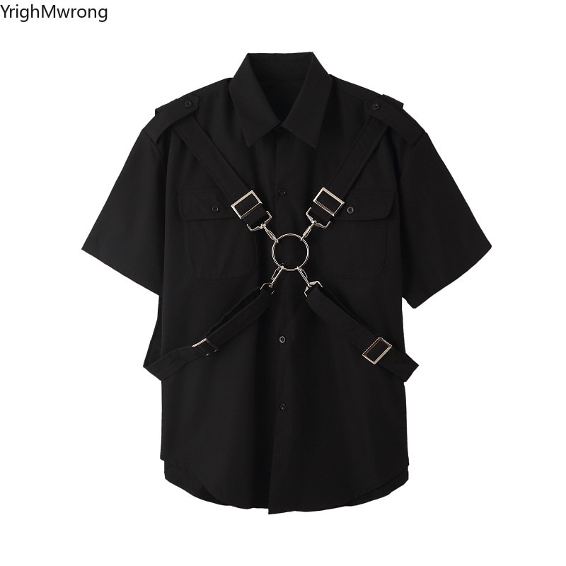 Plus size afneembare ring harnas kooiband hiphop harajuku streetwear heren overhemd zak blouse vrouw koreaanse punk