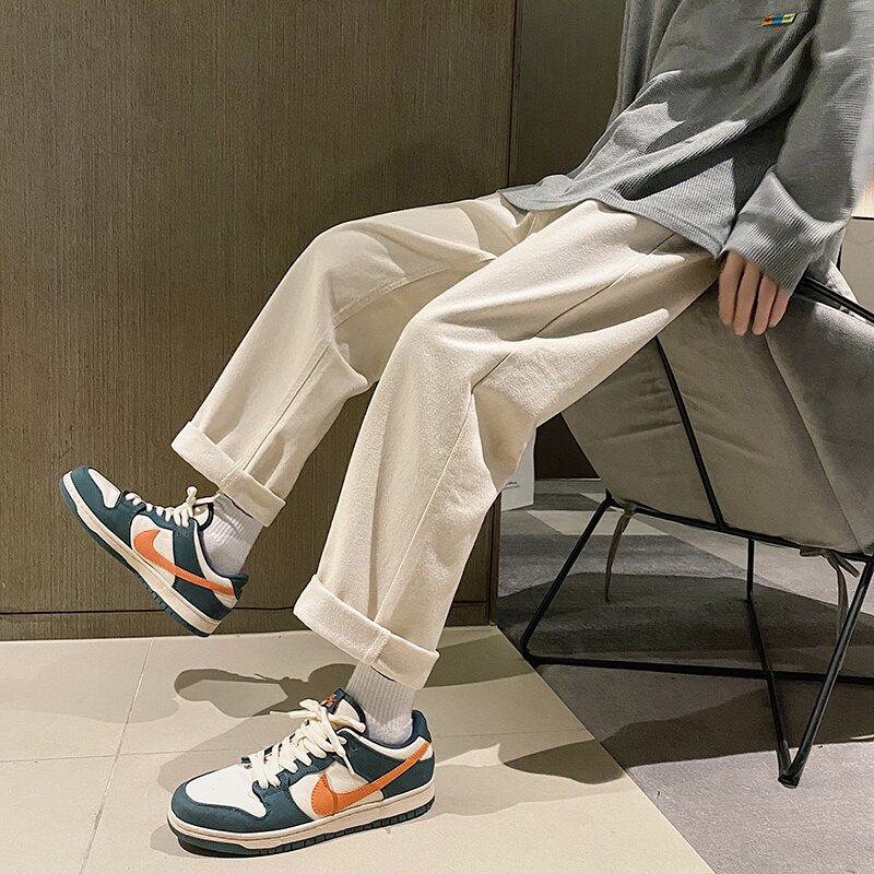 Caqui verde y Beige Jeans de de los hombres holgado Casual Jeans hombres Streetwear suelta Hip-hop, recto de Denim Pantalones ropa para hombre: Beige / XL