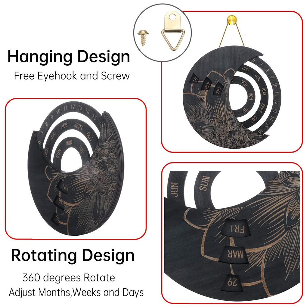 Hanging Perpetual Calendar Wooden Rotatable wall decoration Hand-Carved Adjustable Birthday Reminder Calendar Sign Board