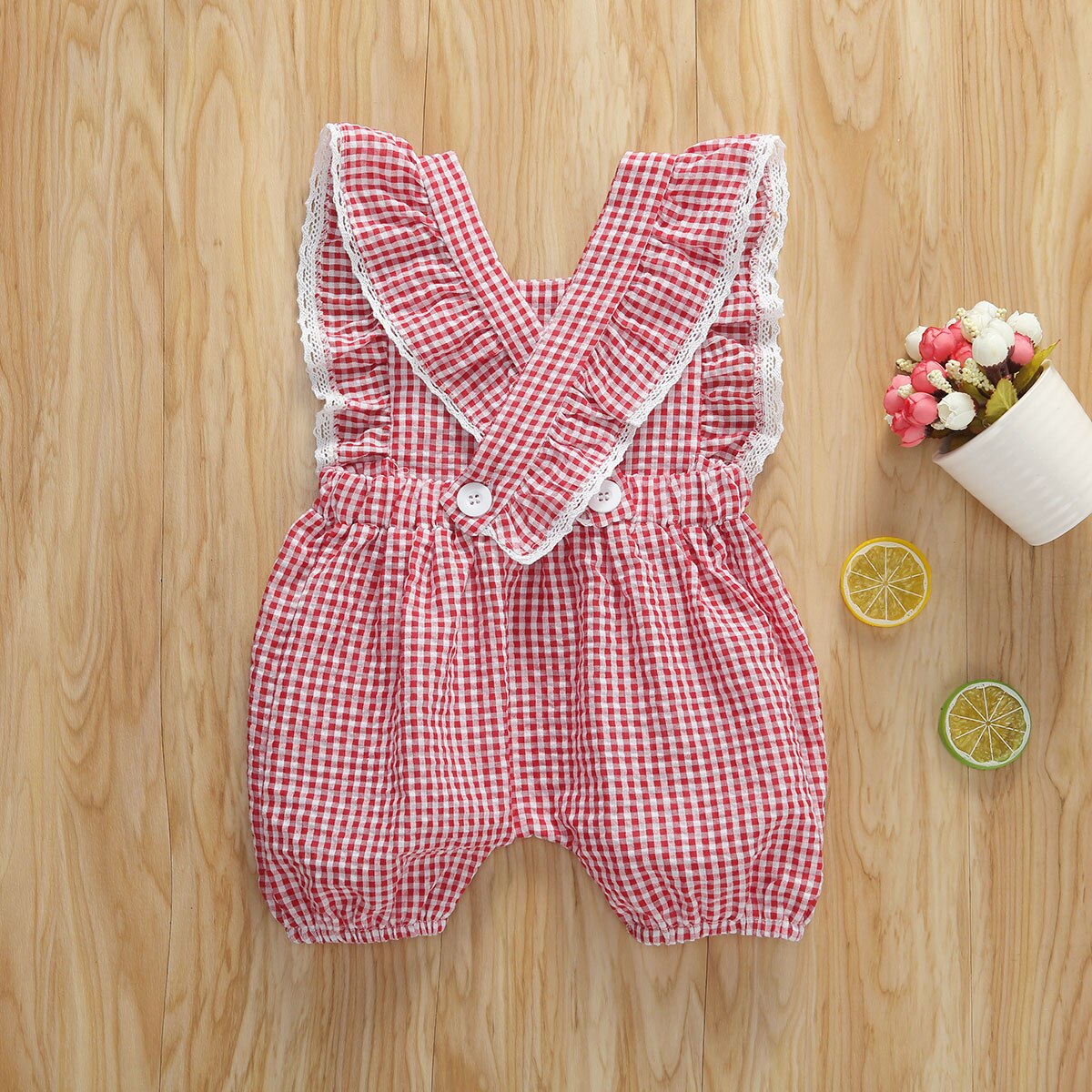 0-24M Newborn Infant Baby Girls Plaid Rompers Ruffles Red Jumpsuit Overalls Summer Toddler Baby Girl Clothes Costumes