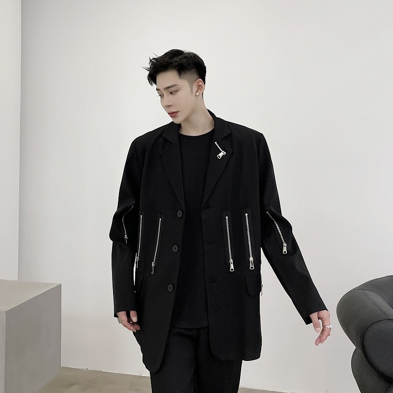 Men Zipper Streetwear Hip Hop Casual Suit Blazers Jacket Male Women Couple Show Suit Coat Outerwear