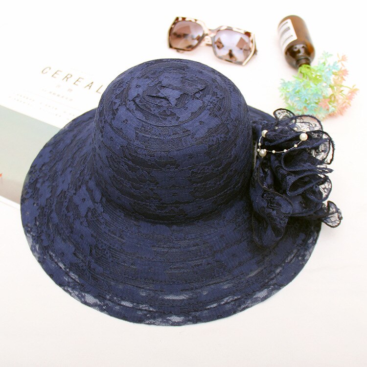 Ladies Women Casual Beach Organza Lace Wide Brim Kentucky Derby Sun Hat Wedding Tea Party Church Cap: Navy Blue