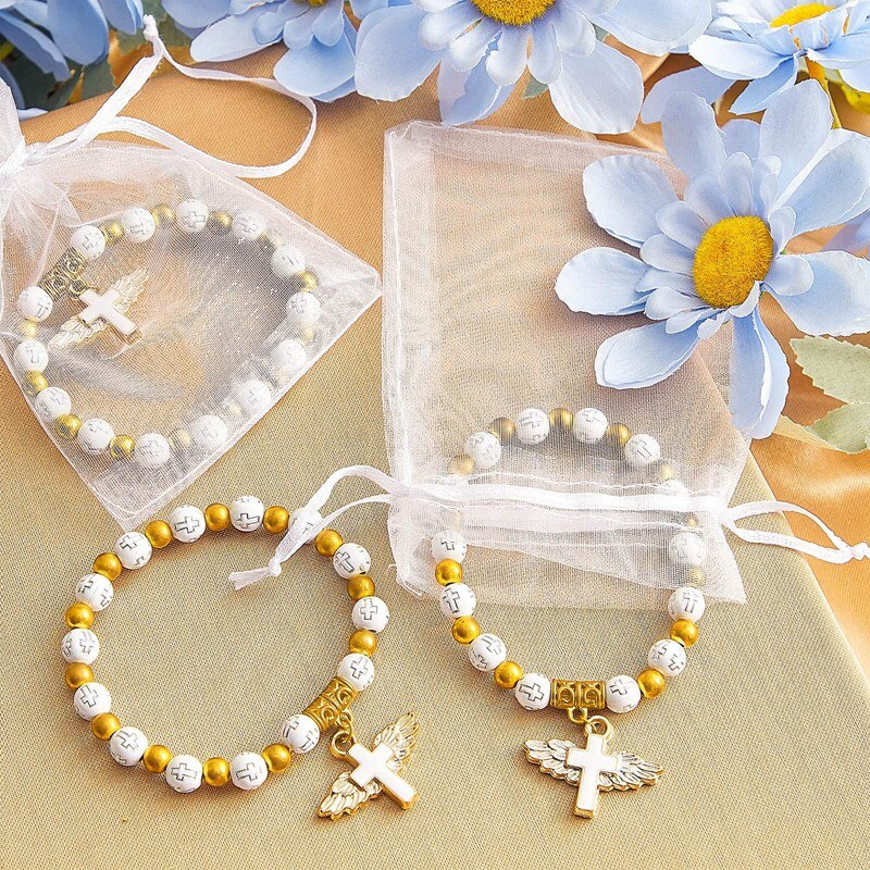 Angel Wing Kruis Armband Gunst Met Organza Zakken Acryl Doop Gunst Voor Jongen En Meisje Communie Verjaardag Bruiloft